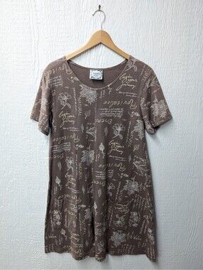 Vtg Dressing Clio 100% Cotton T-shirt Dress Floral Plants Mature Hippie Artsy L